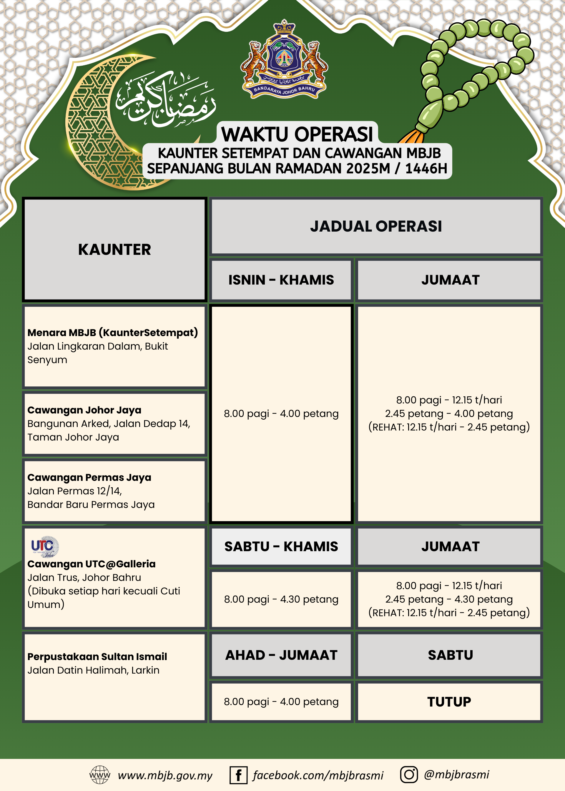 Waktu Operasi Kaunter MBJB Ramadan 2025
